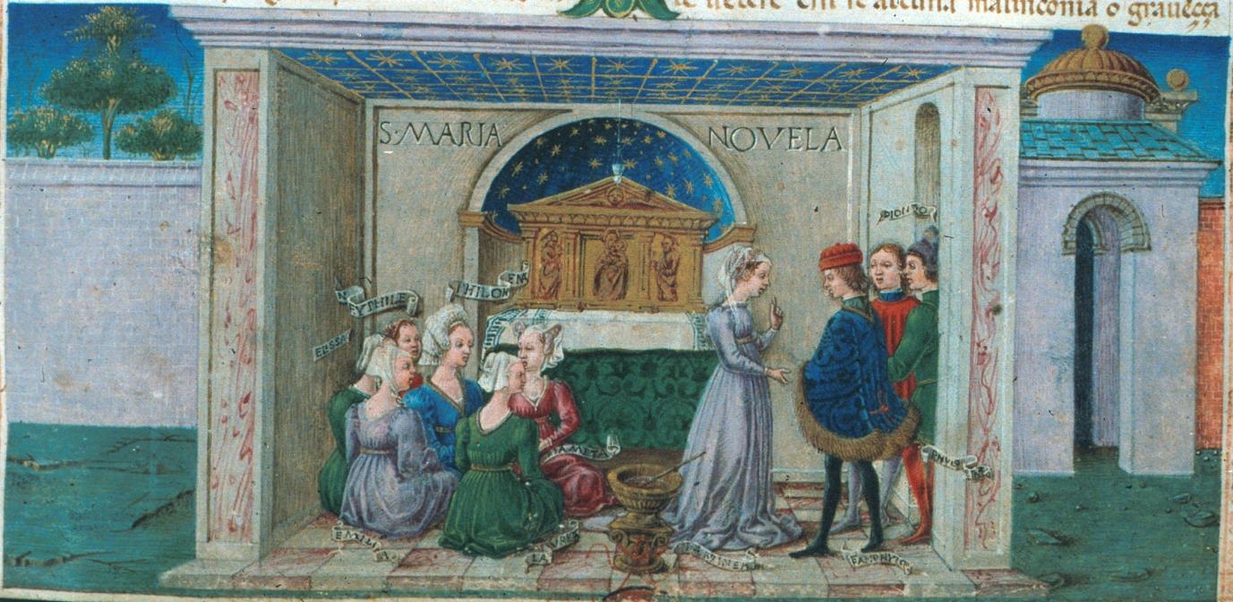 Decameron, I narratori, miniatore anonimo, 1467, conservato presso Bodleian Library MS Holkham misc.