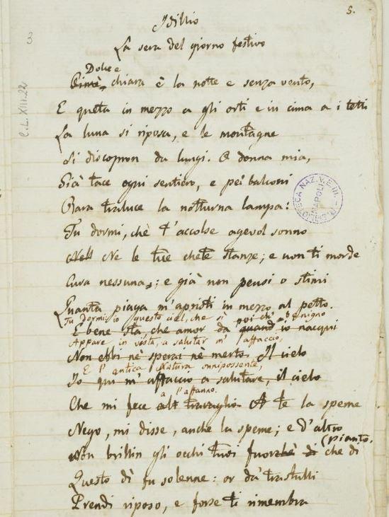 Giacomo Leopardi, La sera del dì di festa, manoscritto leopardiano.