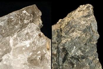 Beispiele für muscheligen Bruch (links, Bergkristall) und unebenen Bruch (rechts, Pyroxen). © Sammlung Institut f. Geologische Wissenschaften, FU Berlin