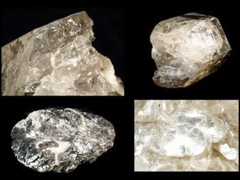 Beispiele für Fettglanz (milchiger Teil des Quarzkristalls), Glasglanz (Kristallflächen des selben Quarzkristalls), Metall- glanz (Bleiglanz) und Perlmuttglanz (Hellglimmerkristall mit gebogenene Spaltflächen).