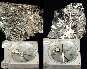 Vergleich zwischen unmagnetischem Hämatit (links) und magnetischem Magnetit (rechts). Die wahre Nordrichtung ist links. © Sammlung Institut f. Geologische Wissenschaften, FU Berlin