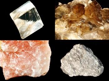 Beispiele für farbloses (o. links, Kalzit), durchscheinendes (o. rechts, Rauchquarz), kantendurchscheinendes (u. links, Sylvin) und undurchsichtiges Mineral (u. rechts, Bleiglanz). © Sammlung Institut f. Geologische Wissenschaften, FU Berlin