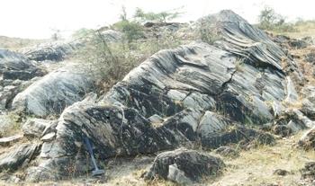 Offene, aufrechte Falten mit gebogenen Faltenachsen in mylonitischen Gneisen. © C. Dobmeier