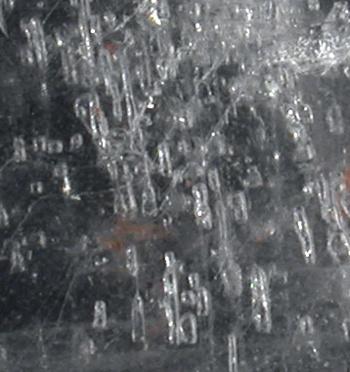Zylindrische Fluideinschlüsse in Gipskristall. Breite der unteren Bildkante ca. 1 cm. © Sammlung Institut f. Geologische Wissenschaften, FU Berlin