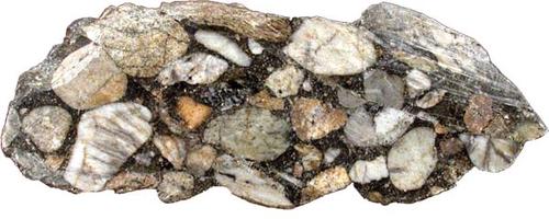 Polymiktes Orthokonglomerat - diagenetisch verfestigtes Gestein. Bildbreite 7 cm. PETROgraph, Sammlung Institut für Geologische Wissenschaften, FU Berlin.
